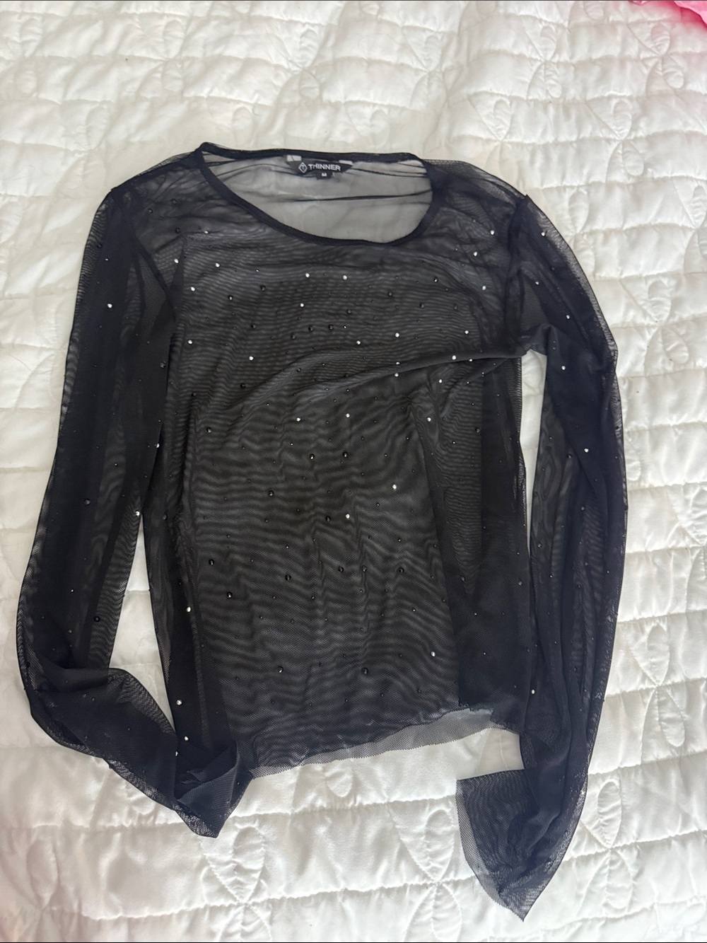 Forever 21 Black Sheer Mesh Long-Sleeve Top with Scattered Rhinestones